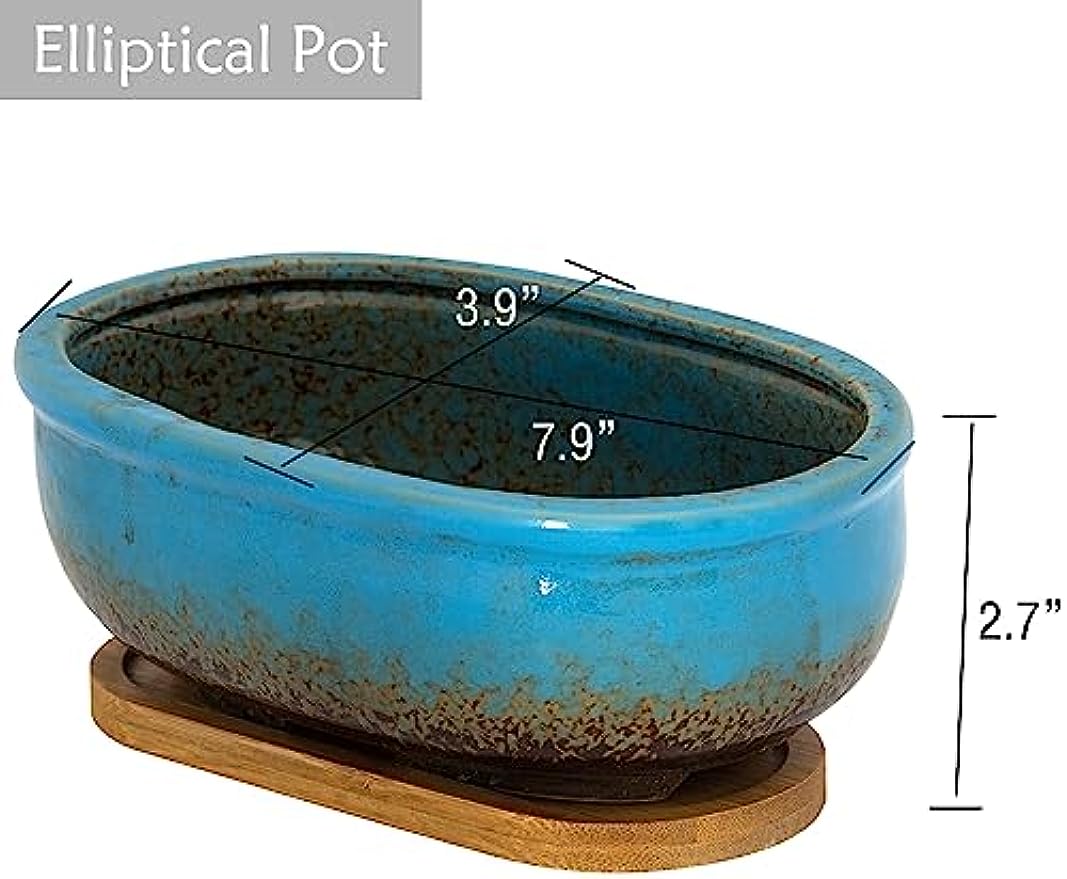 ARTKETTY Succulent Pots, Ceramic Succulent Planters Pots with Drainage Bamboo Tray, 1 Rectangle Flower Pot + 1 Round Flower Pot for Indoor Cactus Bonsai Plants Home(Blue)