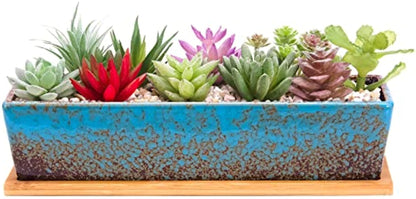 ARTKETTY Succulent Pots - Large Succulent Planter Pots with Drainage, 12 Inch Long Rectangle Bonsai Pot with Bamboo Tray Shallow Ceramic Cactus Flower Planter Window Box for Home Garden Decor (Blue)