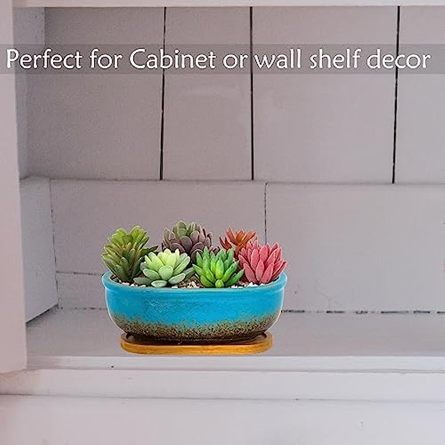 ARTKETTY Succulent Pots, Ceramic Succulent Planters Pots with Drainage Bamboo Tray, 1 Rectangle Flower Pot + 1 Round Flower Pot for Indoor Cactus Bonsai Plants Home(Blue)