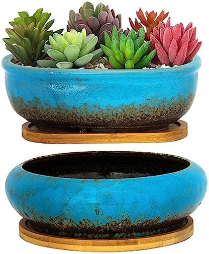 ARTKETTY Succulent Pots, Ceramic Succulent Planters Pots with Drainage Bamboo Tray, 1 Rectangle Flower Pot + 1 Round Flower Pot for Indoor Cactus Bonsai Plants Home(Blue)