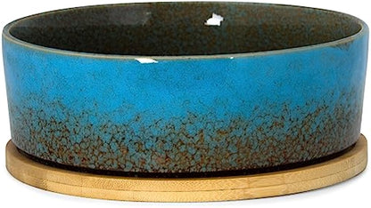 ARTKETTY Succulent Pots - 7 Inch Ceramic Bonsai Pots with Drainage Tray, Large Shallow Planters for Cactus Bonsai Trees, Round Glazed Flower Plant Container Bowl Home Desk Decor(Blue)