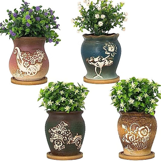 ARTKETTY Small Plant Pots, 4 Inch Ceramic Planters for Indoor Flower Plants, Vintage Succulent Pots with Drainage Trays Pack of 4 Cactus Bonsai Plant Container for Home Garden Decor