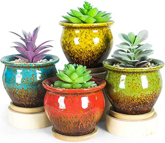 ARTKETTY Succulent Pots, 4.5 Inch Small Succulent Planters Pots with Drainage Tray Colorful Cactus Planter Ceramic Pots for Flower Plants Pack of 4