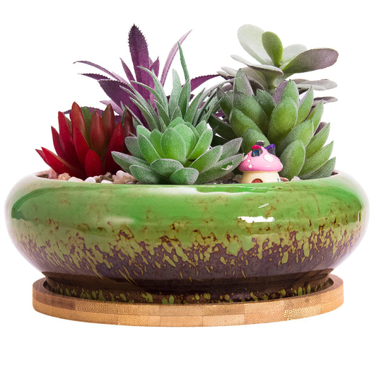 7.3 inch Round Succulent Planter Pots with Drainage Hole Bonsai Pots Garden Decorative Cactus Stand Ceramic Glazed Flower Container Green, with Bamboo Tray