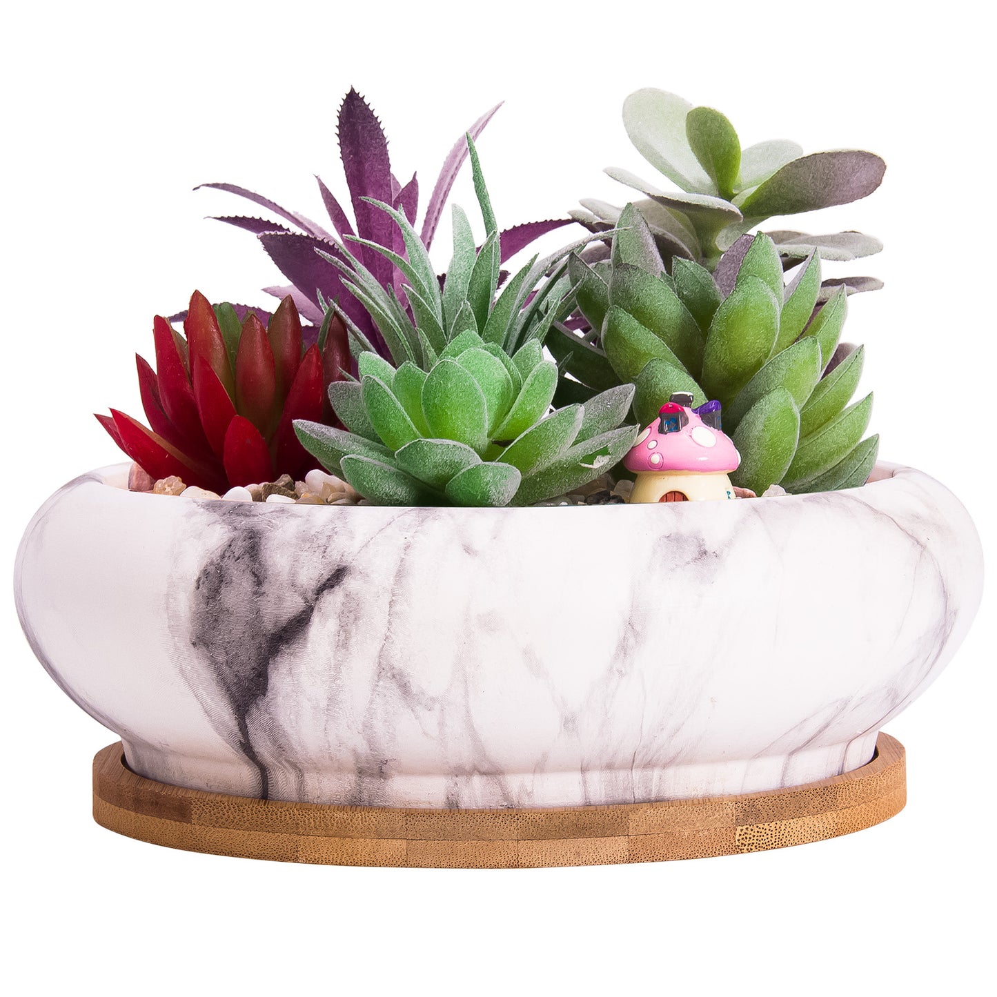 ARTKETTY 7.3 inch Marble Ceramic Succulent Planter Pots with Drainage Hole Large Round Bonsai Pots Garden Decorative Cactus Planter Indoor and Outdoor Flower Container Bowl with Bamboo Tray