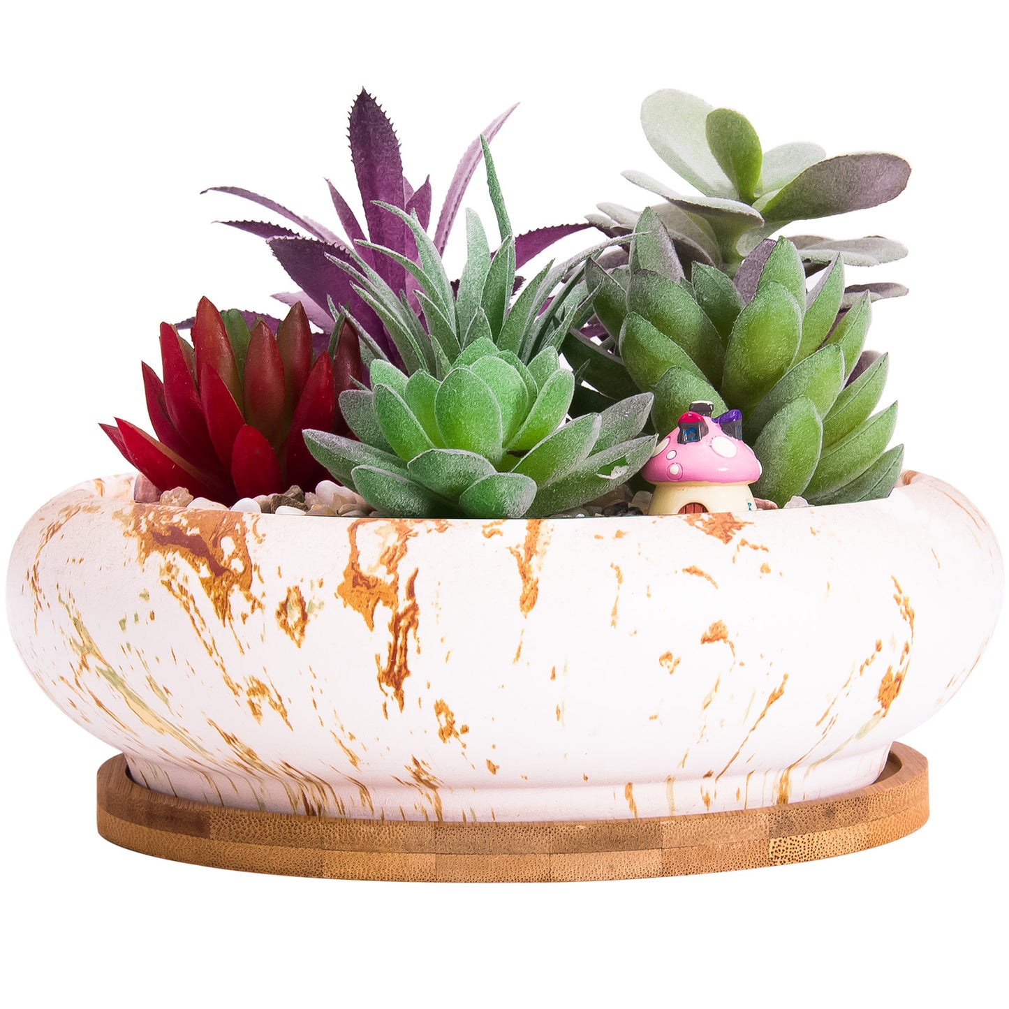 ARTKETTY Large Round Succulent Cactus Planter Pots, Modern Ceramic Flower Planter Container Bowl with Drainage Bamboo Tray Decorative Garden Shallow Marble Bonsai Pot for Desk or Windowsill