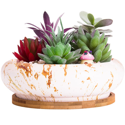 ARTKETTY Large Round Succulent Cactus Planter Pots, Modern Ceramic Flower Planter Container Bowl with Drainage Bamboo Tray Decorative Garden Shallow Marble Bonsai Pot for Desk or Windowsill