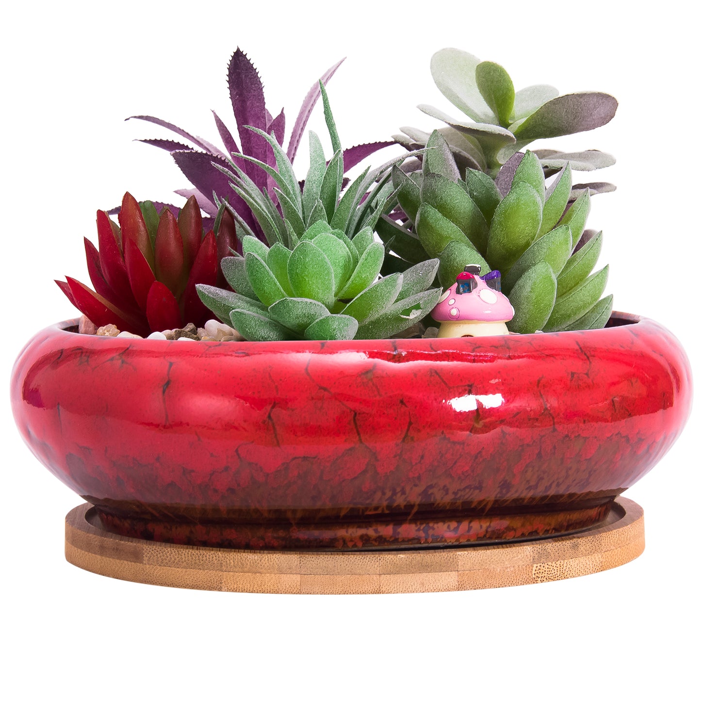 7.3 inch Round Succulent Planter Pots with Drainage Hole Bonsai Pots Garden Decorative Cactus Stand Ceramic Glazed Flower Container Red, with Bamboo Tray