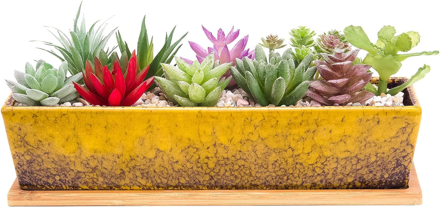 ARTKETTY Succulent Pots - Large Succulent Planter Pots with Drainage, 12 Inch Long Rectangle Bonsai Pot with Bamboo Tray Shallow Ceramic Cactus Flower Planter Window Box for Home Garden Decor (Blue)