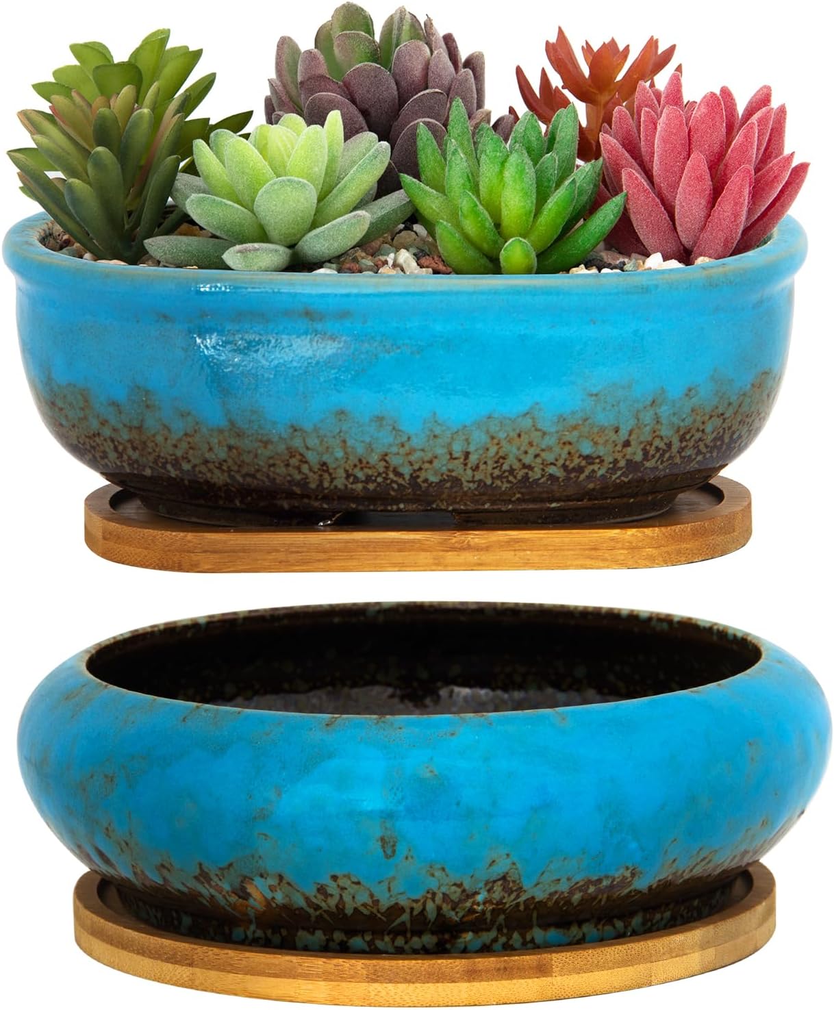 ARTKETTY Succulent Pots, Ceramic Succulent Planters Pots with Drainage Bamboo Tray, 1 Rectangle Flower Pot + 1 Round Flower Pot for Indoor Cactus Bonsai Plants Home(Blue)