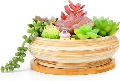 ARTKETTY Succulent Pots - Ceramic Bonsai Pots with Drainage Bamboo Tray, 7.3 Inch Large Plant Pots Shallow Succulent Planters for Indoor Plants Decorative Cactus Flower Planter Bowl