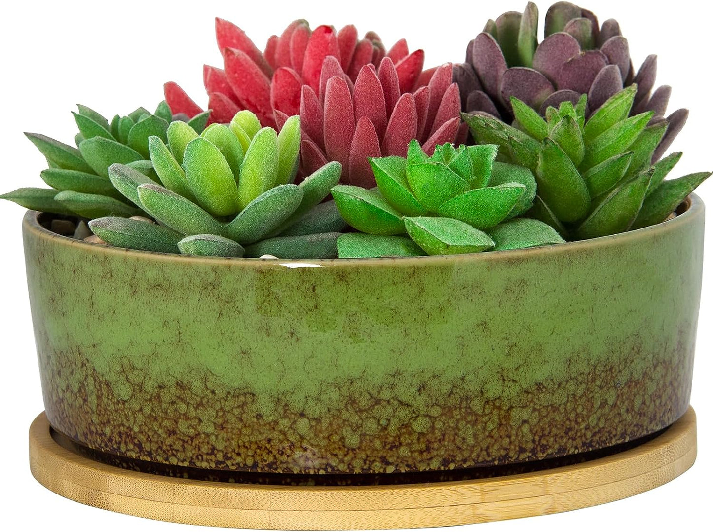 ARTKETTY Succulent Pots - 7 Inch Ceramic Bonsai Pots with Drainage Tray, Large Shallow Planters for Cactus Bonsai Trees, Round Glazed Flower Plant Container Bowl Home Desk Decor(Blue)