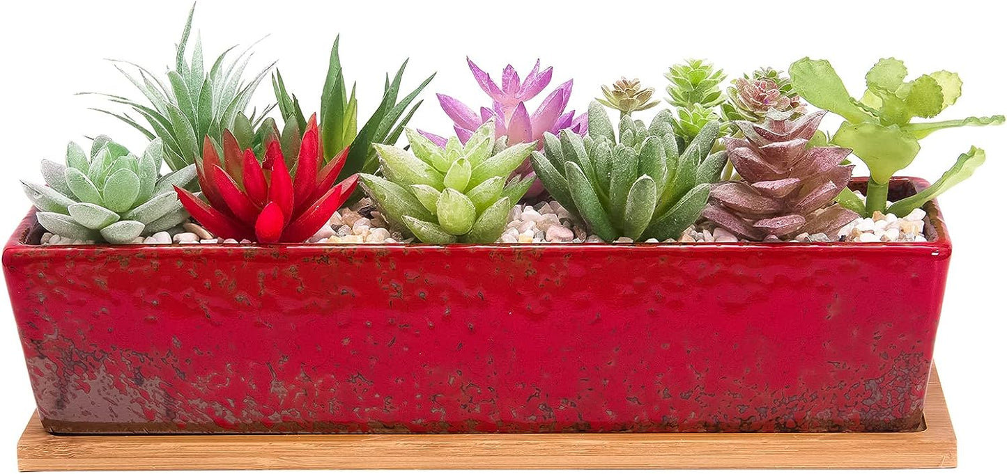 ARTKETTY Succulent Pots - Large Succulent Planter Pots with Drainage, 12 Inch Long Rectangle Bonsai Pot with Bamboo Tray Shallow Ceramic Cactus Flower Planter Window Box for Home Garden Decor (Blue)