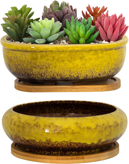 ARTKETTY Succulent Pots, Ceramic Succulent Planters Pots with Drainage Bamboo Tray, 1 Rectangle Flower Pot + 1 Round Flower Pot for Indoor Cactus Bonsai Plants Home(Blue)