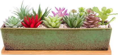 ARTKETTY Succulent Pots - Large Succulent Planter Pots with Drainage, 12 Inch Long Rectangle Bonsai Pot with Bamboo Tray Shallow Ceramic Cactus Flower Planter Window Box for Home Garden Decor (Blue)