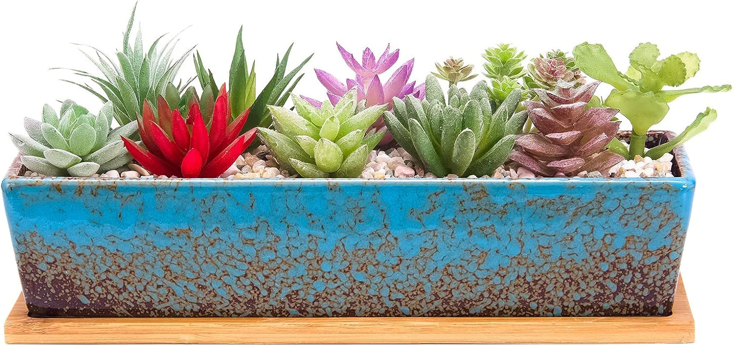 ARTKETTY Succulent Pots - Large Succulent Planter Pots with Drainage, 12 Inch Long Rectangle Bonsai Pot with Bamboo Tray Shallow Ceramic Cactus Flower Planter Window Box for Home Garden Decor (Blue)