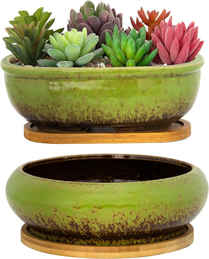 ARTKETTY Succulent Pots, Ceramic Succulent Planters Pots with Drainage Bamboo Tray, 1 Rectangle Flower Pot + 1 Round Flower Pot for Indoor Cactus Bonsai Plants Home(Blue)