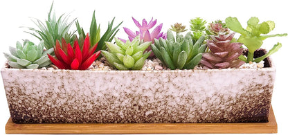 ARTKETTY Succulent Pots - Large Succulent Planter Pots with Drainage, 12 Inch Long Rectangle Bonsai Pot with Bamboo Tray Shallow Ceramic Cactus Flower Planter Window Box for Home Garden Decor (Blue)