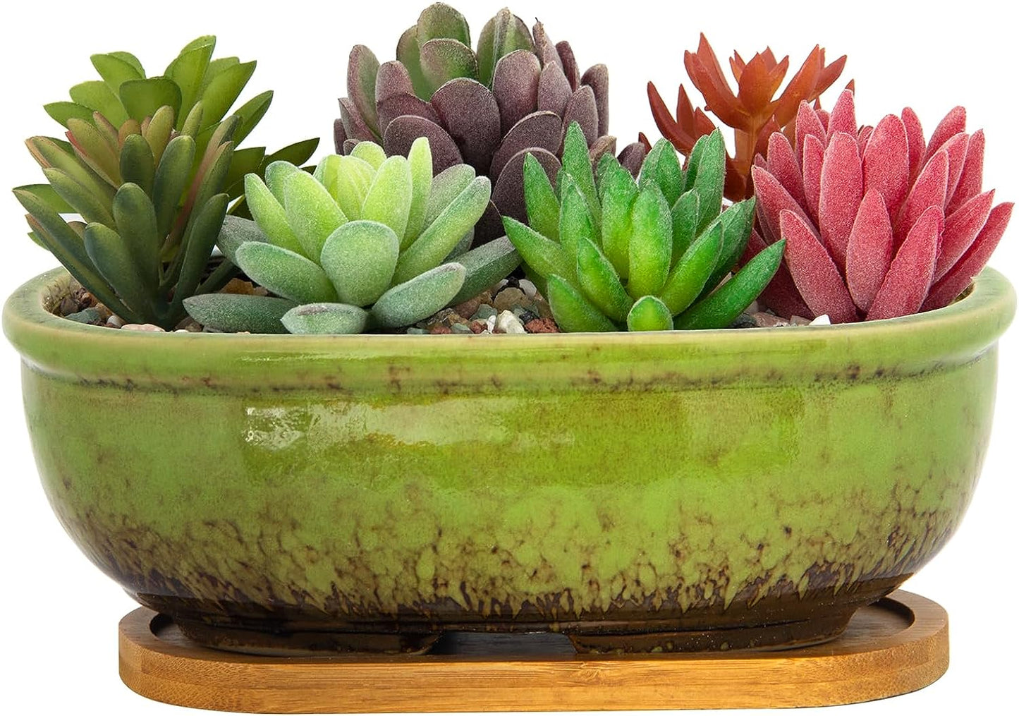 Succulent Pots, 7.9 Inch Long Rectangular Succulent Planters with Drainage Tray, Shallow Planters for Indoor Plants Ceramic Cactus Pots Glazed Bonsai Flower Plant Container for Home Windowsill Decor