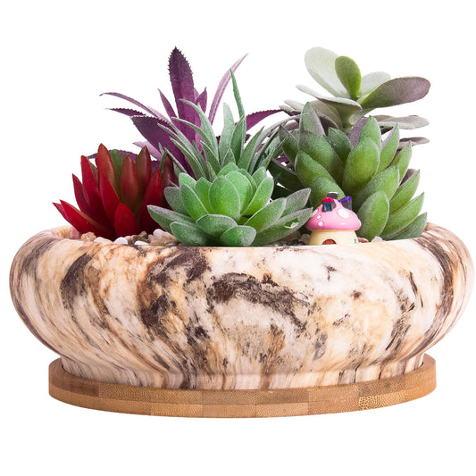 Artketty 7.3 Inch Large Ceramic Succulent Planter Pot, Modern Round Cactus Flower Planter Container Bowl with Drainage Bamboo Tray Decorative Garden Shallow Marble Bonsai Pot for Indoor/outdoor Plants