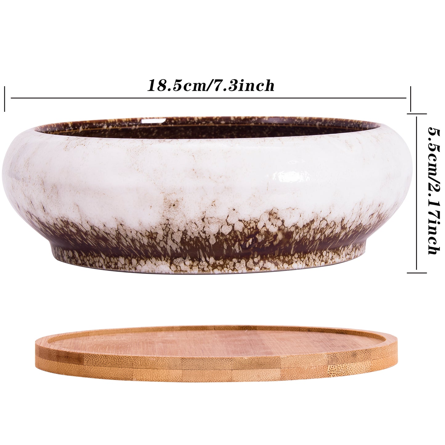 7.3 inch Round Succulent Planter Pots with Drainage Hole Bonsai Pots Garden Decorative Cactus Stand Ceramic Glazed Flower Container White, with Bamboo Tray