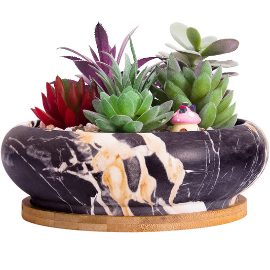 ARTKETTY Marble Ceramic Succulent Cactus Plant Pot, Large Round Bonsai Planter Bowl with Drainage Bamboo Tray, Decorative Garden Flower Plant Container Perfect for Home/Office Decor