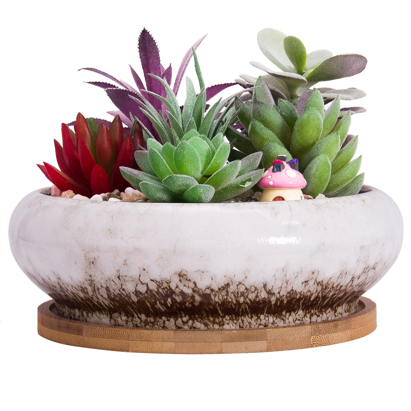 7.3 inch Round Succulent Planter Pots with Drainage Hole Bonsai Pots Garden Decorative Cactus Stand Ceramic Glazed Flower Container White, with Bamboo Tray