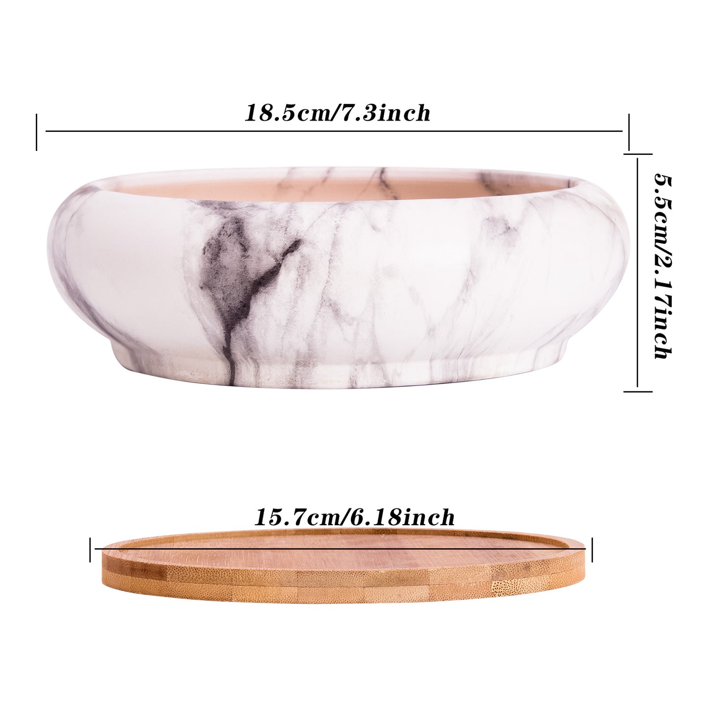 ARTKETTY 7.3 inch Marble Ceramic Succulent Planter Pots with Drainage Hole Large Round Bonsai Pots Garden Decorative Cactus Planter Indoor and Outdoor Flower Container Bowl with Bamboo Tray