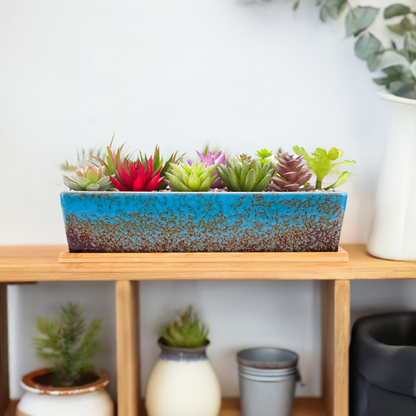 12 Inch Succulent Pots Long Rectangle Succulent Planter Pots with Drainage Bamboo Trays, Large Ceramic Cactus Flower Planters for Indoor/Outdoor Plants Shallow Bonsai Window Box Home Garden Decor