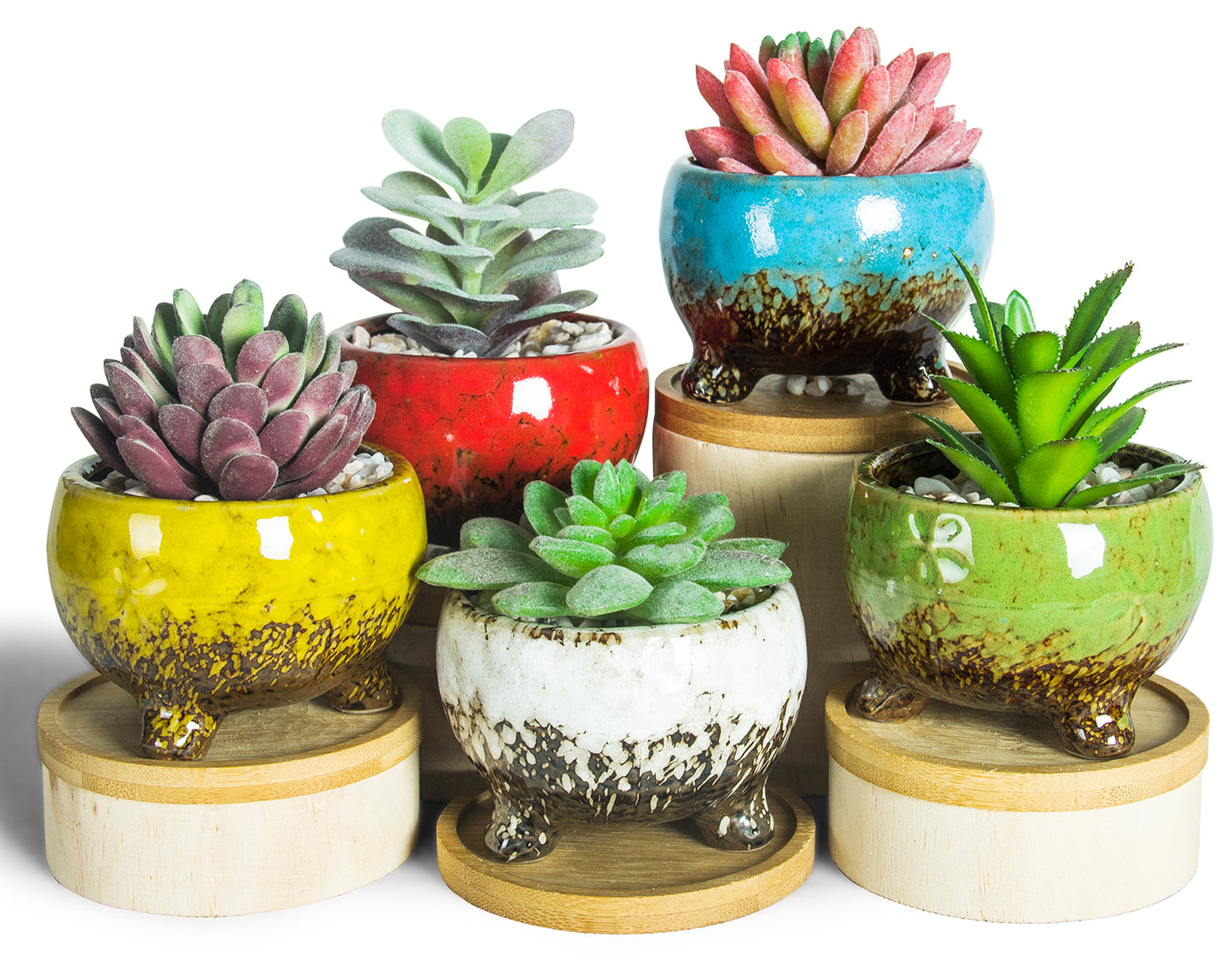 ARTKETTY Succulent Planter Pots, 3.9 Inch Small Ceramic Cactus Planter Pots Tripod Glazed Flower Plant Container Tiny Pots with Drainge Bamboo Tray, Set of 5