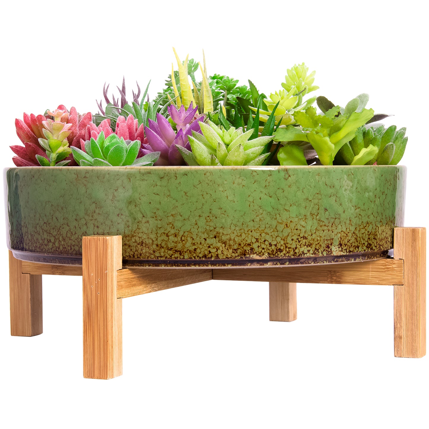 Succulent Pot - Large Succulent Planter Pots with Drainage Bamboo Stand, 11.5 Inch Shallow Ceramic Bonsai Pots for Indoor/Outdoor Cactus Flower Plants