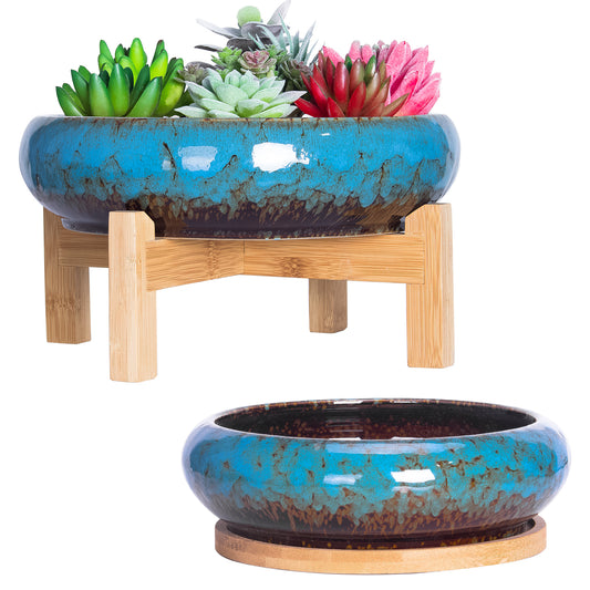 Succulent Pots, Large Succulent Planter Pots with Drainage Tray Shallow Bonsai Pots with Stand Ceramic Cactus Flower Planter Pot for Indoor Plants (7.3 and 10")