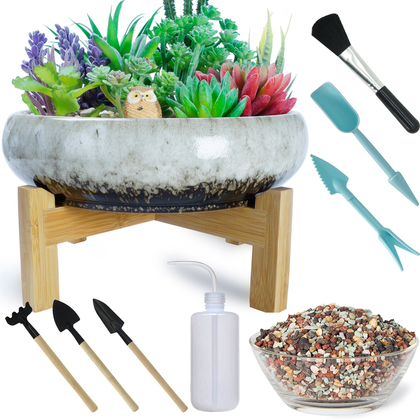 Succulent Pots with Drainage - Large Succulent Planters with Decorative Pebbles Rocks, Planting Tools Set for Beginner- Shallow Bonsai Pot Ceramic Cactus Flower Plant Pot, Blue