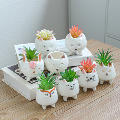 8 Pcs Succulent Pots with Drainage, Small Cartoon Animal Planters Ceramic Planter Pot for Indoor Cactus Plants Mini Cute Flower Plant Container for Desk Windowsill Decoration