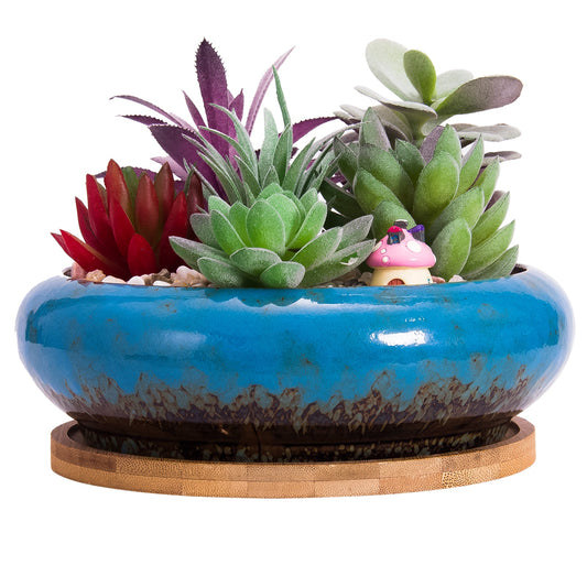 7.3 inch Round Succulent Planter Pots with Drainage Hole Bonsai Pots Garden Decorative Cactus Stand Ceramic Glazed Flower Container Blue, with Bamboo Tray