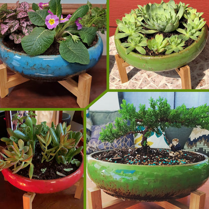 Succulent Pots with Drainage - Large Succulent Planters with Decorative Pebbles Rocks, Planting Tools Set for Beginner- Shallow Bonsai Pot Ceramic Cactus Flower Plant Pot, Blue