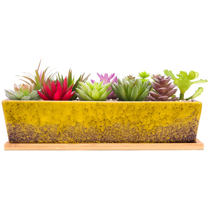 12 Inch Succulent Pots Long Rectangle Succulent Planter Pots with Drainage Bamboo Trays, Large Ceramic Cactus Flower Planters for Indoor/Outdoor Plants Shallow Bonsai Window Box Home Garden Decor