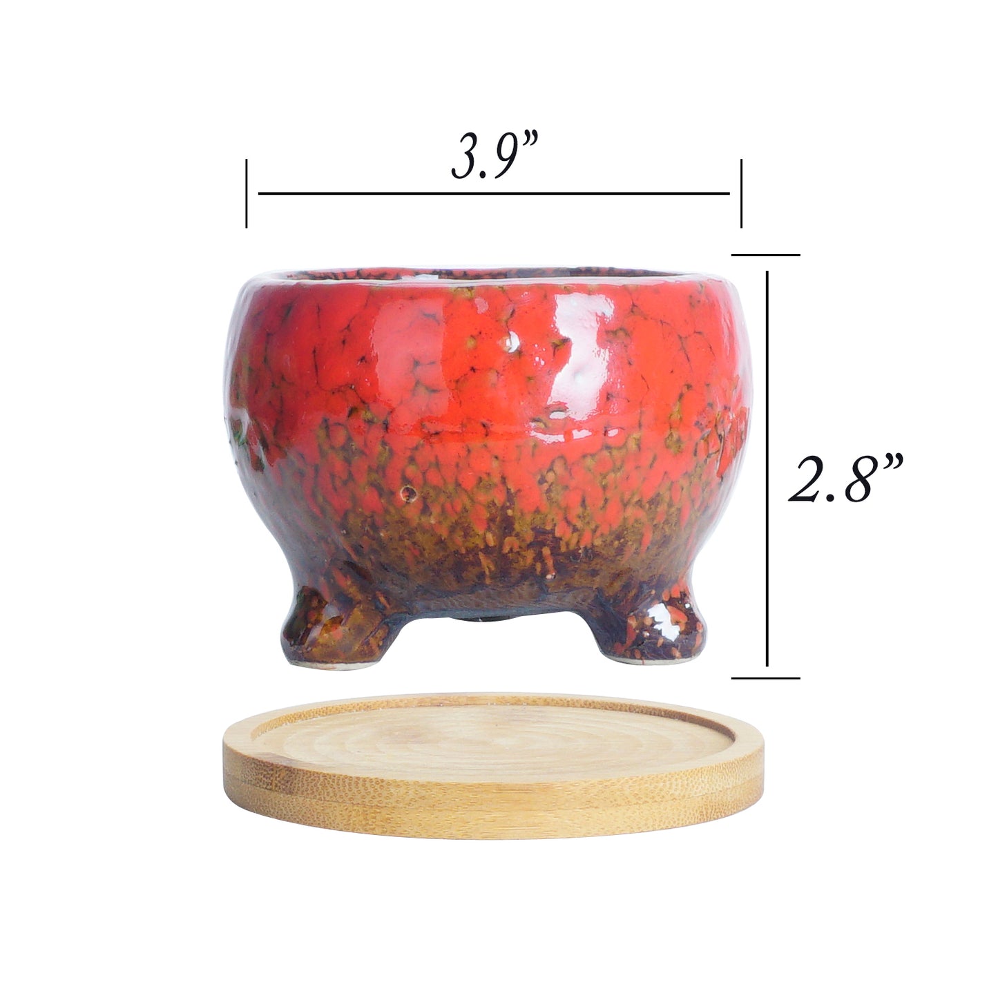 ARTKETTY Succulent Planter Pots, 3.9 Inch Small Ceramic Cactus Planter Pots Tripod Glazed Flower Plant Container Tiny Pots with Drainge Bamboo Tray, Set of 5