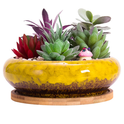 7.3 inch Round Succulent Planter Pots with Drainage Hole Bonsai Pots Garden Decorative Cactus Stand Ceramic Glazed Flower Container Blue, with Bamboo Tray