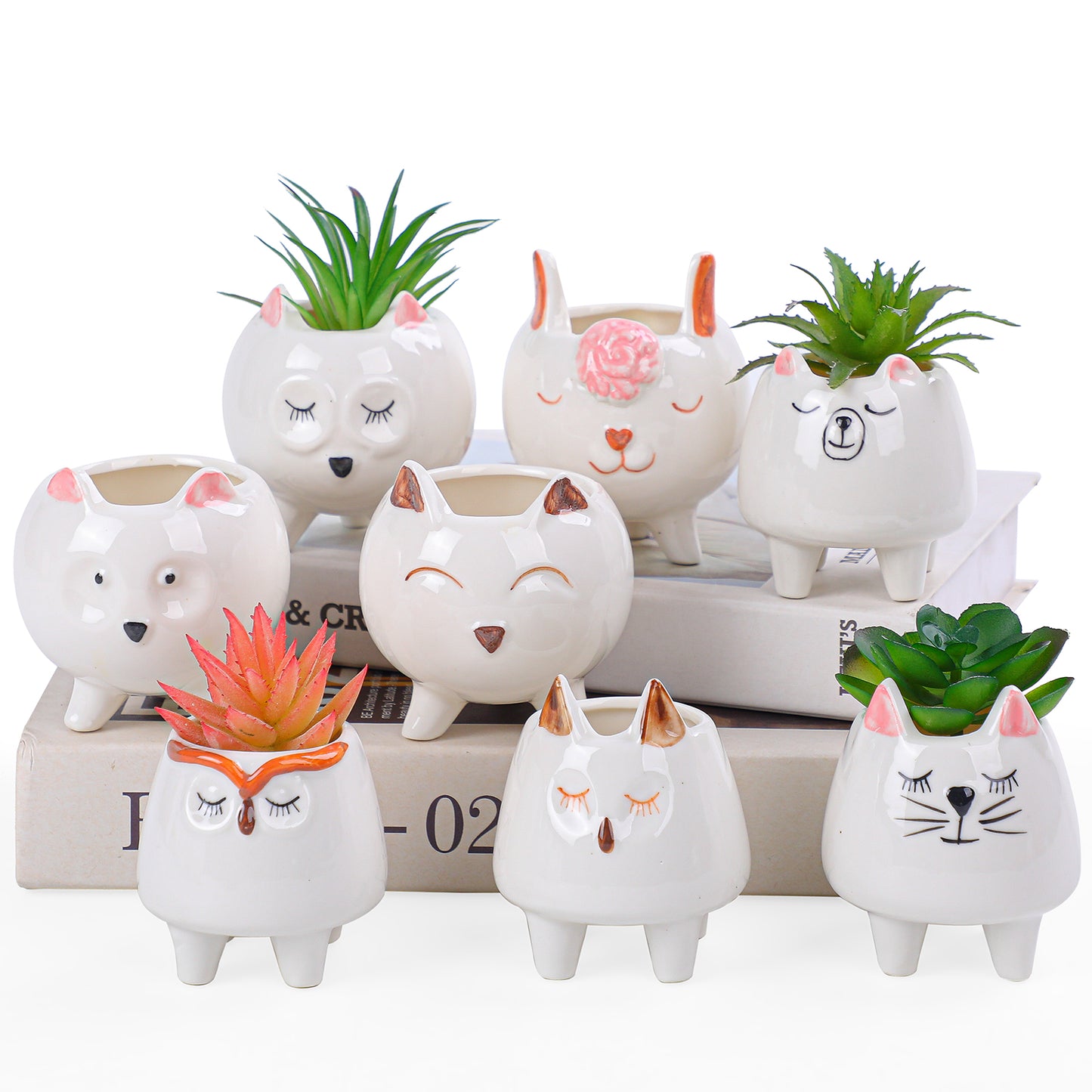 8 Pcs Succulent Pots with Drainage, Small Cartoon Animal Planters Ceramic Planter Pot for Indoor Cactus Plants Mini Cute Flower Plant Container for Desk Windowsill Decoration