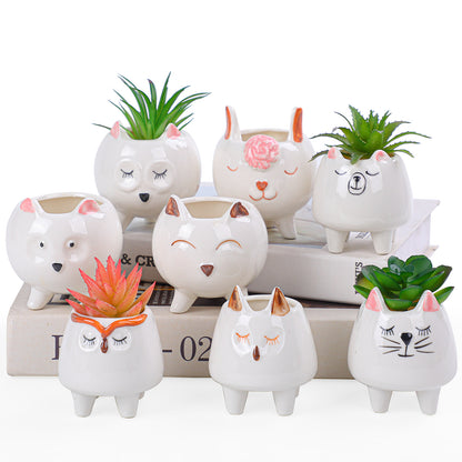 8 Pcs Succulent Pots with Drainage, Small Cartoon Animal Planters Ceramic Planter Pot for Indoor Cactus Plants Mini Cute Flower Plant Container for Desk Windowsill Decoration