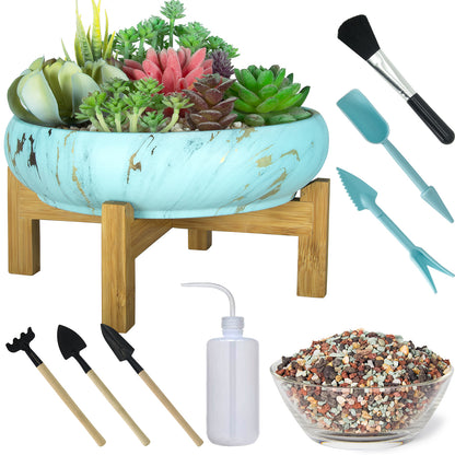 Succulent Pots with Drainage 10 inch - Large Marble Succulent Planters with Stand - Ceramic Bonsai Pot for Indoor Plants Cactus Flower Planter Pot Plus Succulent Planting Tools Set & 2.2lb Mix Pebbles