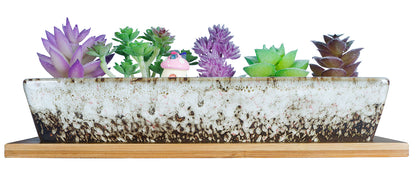 Succulent Planter Pots, 9.8 Inch Long Rectangle Ceramic Succulent Pots with Drainage, Small Flower Cactus Pot with Tray Bonsai Plant Window Box for Indoor/Outdoor Home Decor