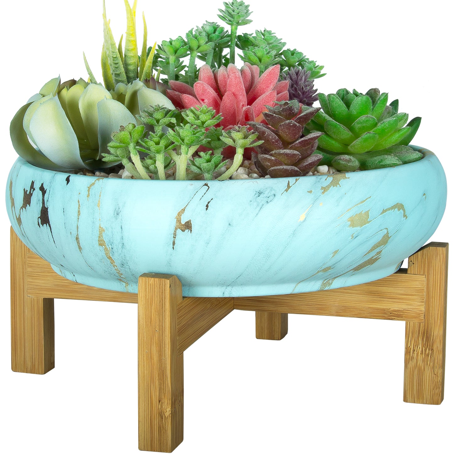 Succulent Pot, Large Succulent Planter Pot with Stand, 10 Inch Ceramic Bonsai Pot with Drainage Round Marble Cactus Flower Plant Bowl for Indoor/Outdoor