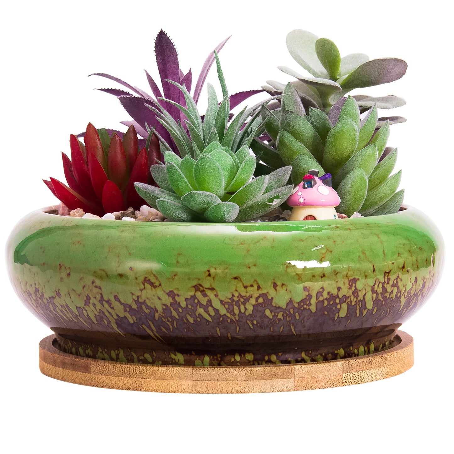 7.3 inch Round Succulent Planter Pots with Drainage Hole Bonsai Pots Garden Decorative Cactus Stand Ceramic Glazed Flower Container Blue, with Bamboo Tray