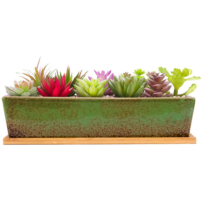 12 Inch Succulent Pots Long Rectangle Succulent Planter Pots with Drainage Bamboo Trays, Large Ceramic Cactus Flower Planters for Indoor/Outdoor Plants Shallow Bonsai Window Box Home Garden Decor