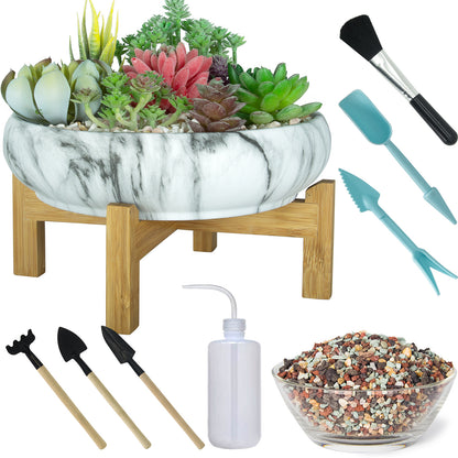 Succulent Pots with Drainage 10 inch - Large Marble Succulent Planters with Stand - Ceramic Bonsai Pot for Indoor Plants Cactus Flower Planter Pot Plus Succulent Planting Tools Set & 2.2lb Mix Pebbles