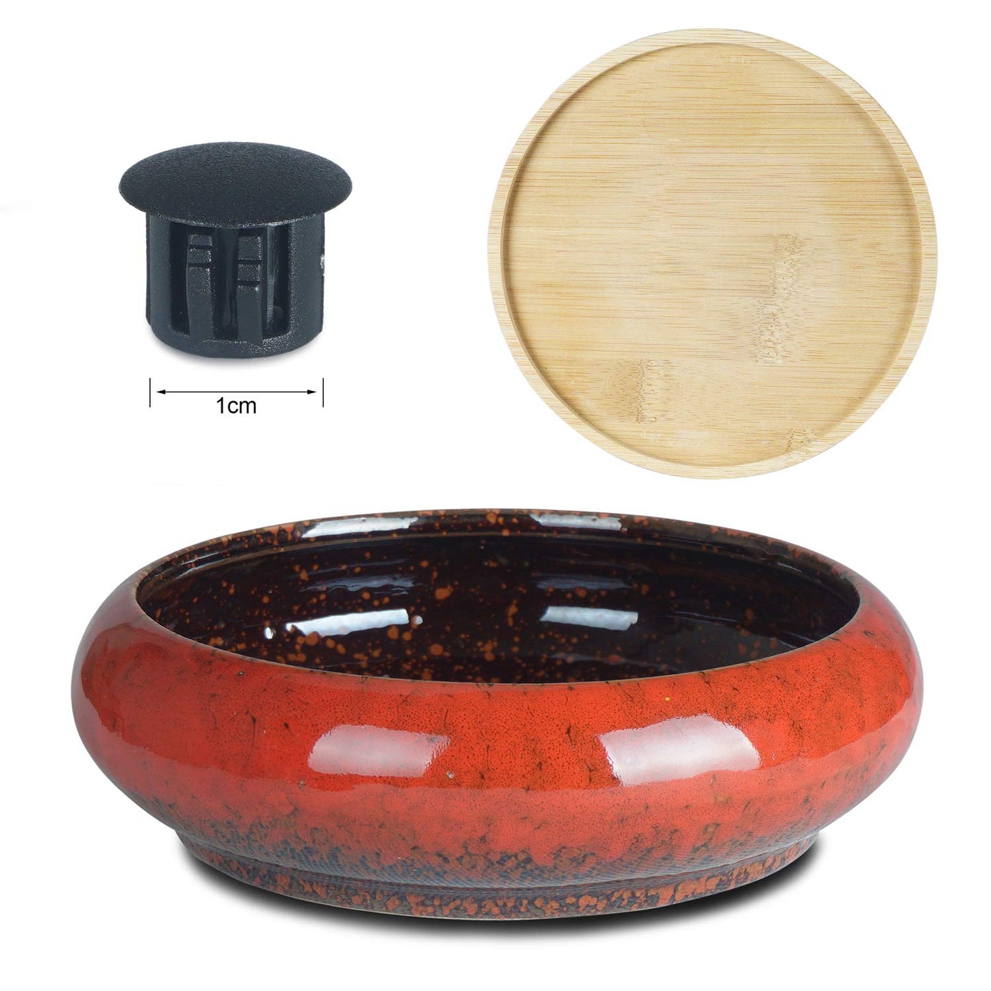 6.1 inch Round Succulent Planter Pots with Drainage Hole Bonsai Pots Garden Decorative Cactus Stand Ceramic Glazed Flower Container Red, with Bamboo Tray