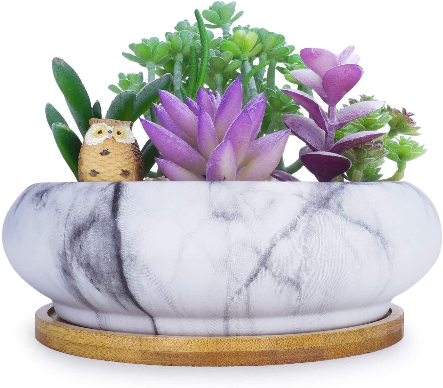 ARTKETTY 6.1 inch Marble Ceramic Succulent Planter Pots with Drainage Hole Large Round Bonsai Pots Garden Decorative Cactus Planter Indoor and Outdoor Flower Container Bowl with Bamboo Tray