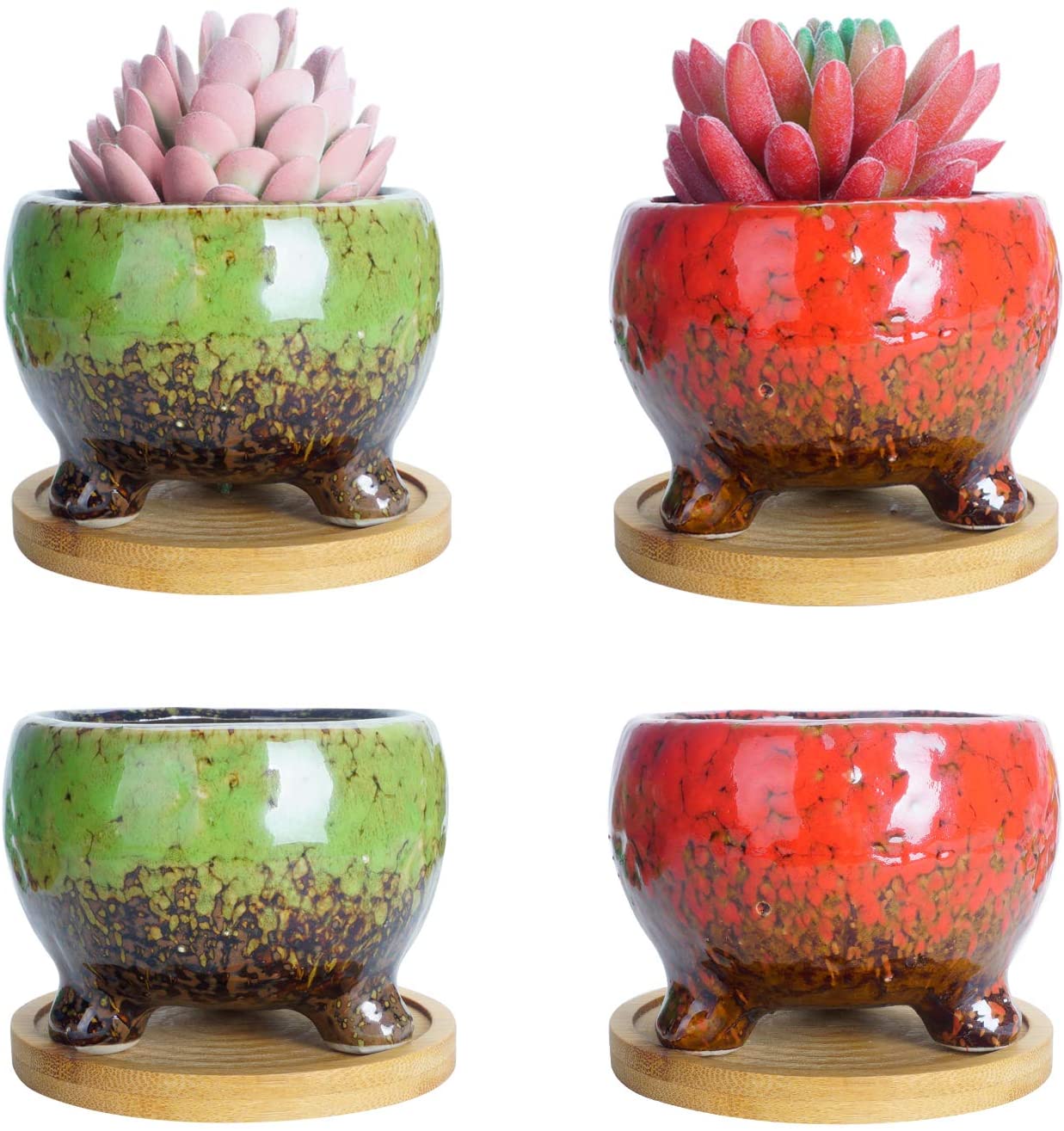 ARTKETTY Succulent Planter Pots, 3.9 Inch Small Ceramic Cactus Planter Pots Tripod Glazed Flower Plant Container Tiny Pots with Drainge Bamboo Tray, Set of 5